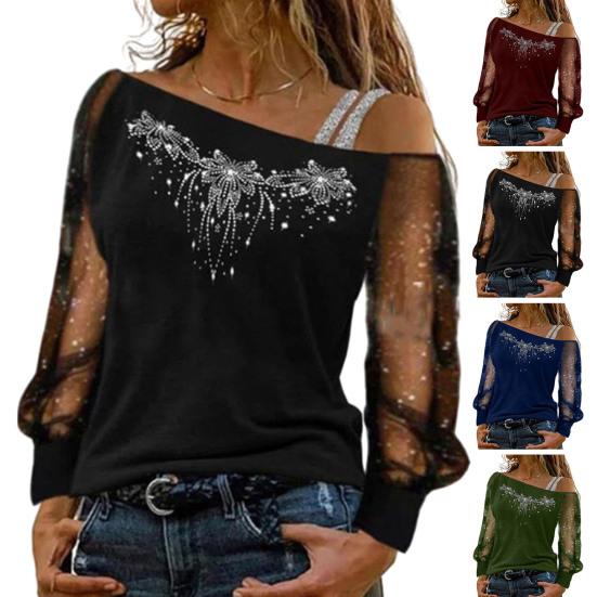 Осень-весна, женский топ, прозрачная сетка, лоскутное шитье, блестящие блестки, стразы, диагональный воротник, свободный длинный рукав, цветочный узор, одно плечо, плюс