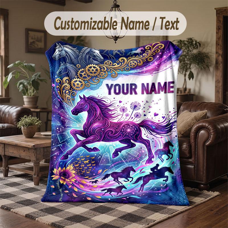 Horse Theme Throw Blanket Custom Name Text Personalized Blanket Soft Cozy Blanket for Home Sofa Bed