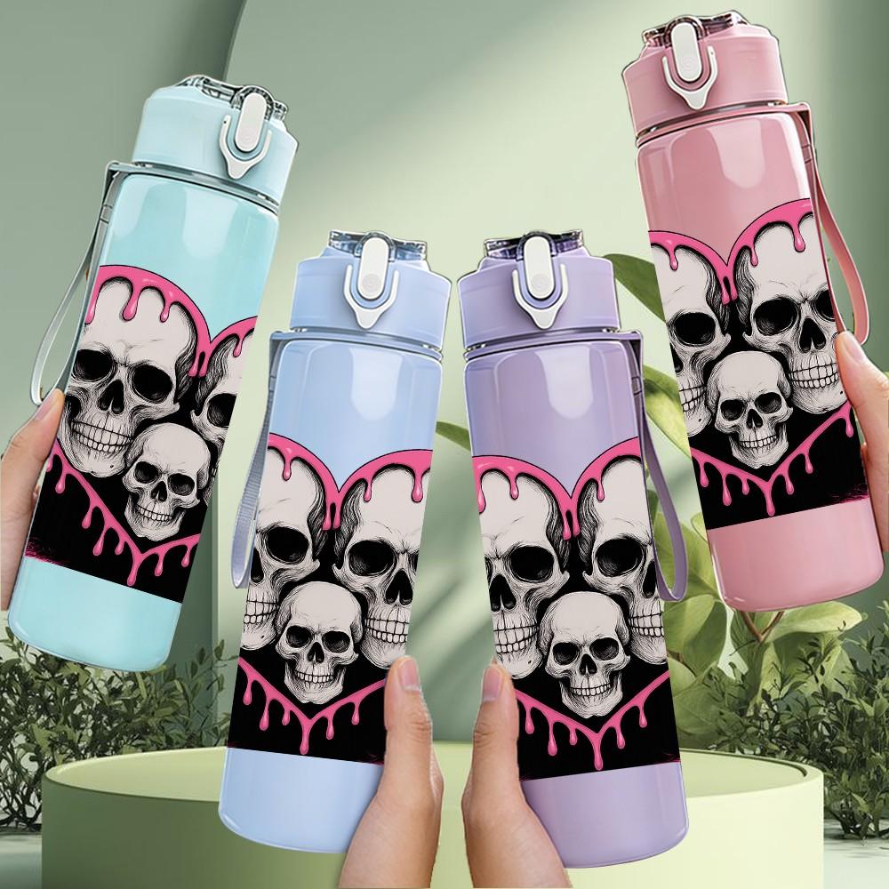 1PC Twin Skull Pink Heart Love Print 750ml Color Plastic Sports Water Bottle Leakproof Flip Straw Lid Suitable for Sports Office Home Use