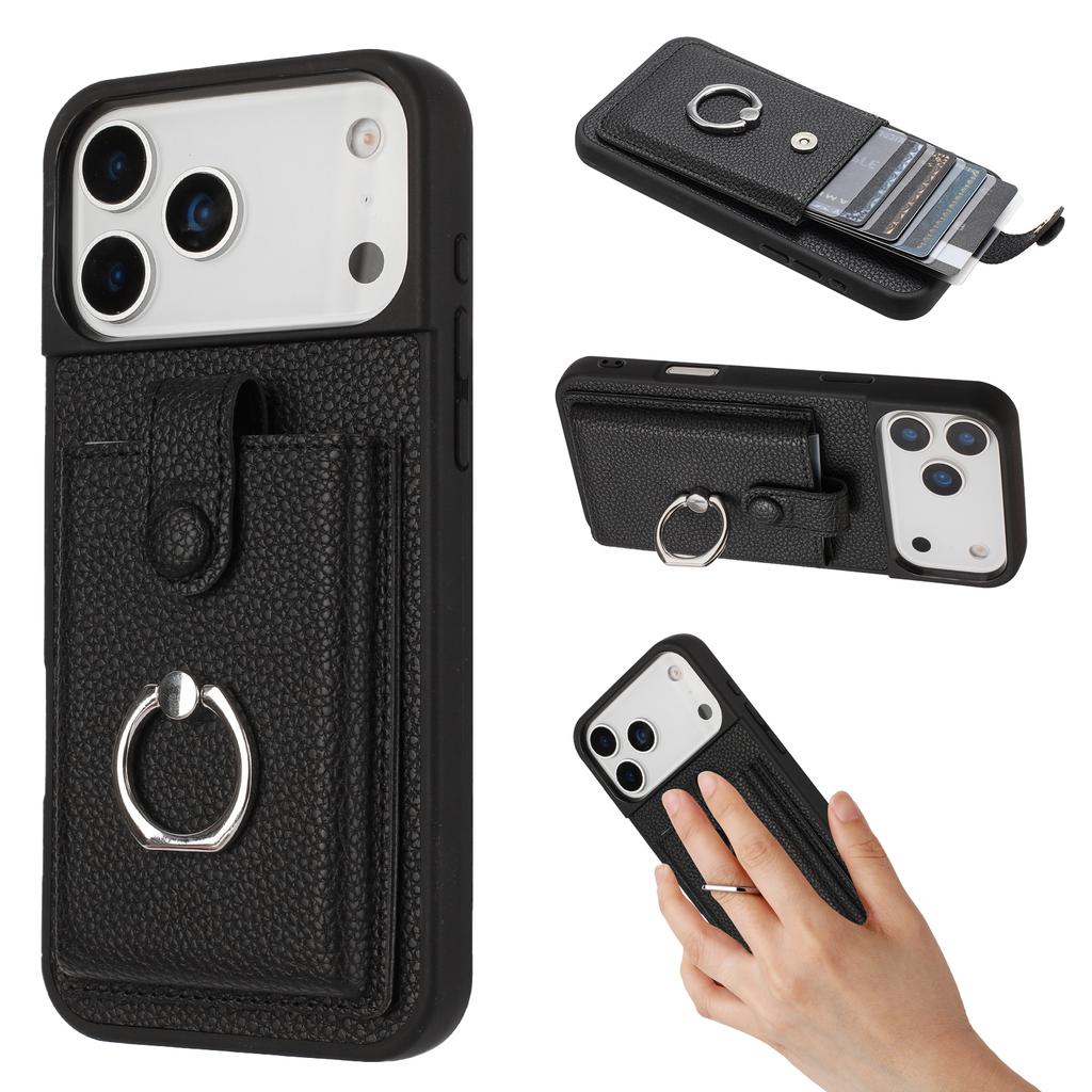 For iPhone 17 Pro Max Case with Ring Kickstand Drawing Type Card Slots Leather Back Cover