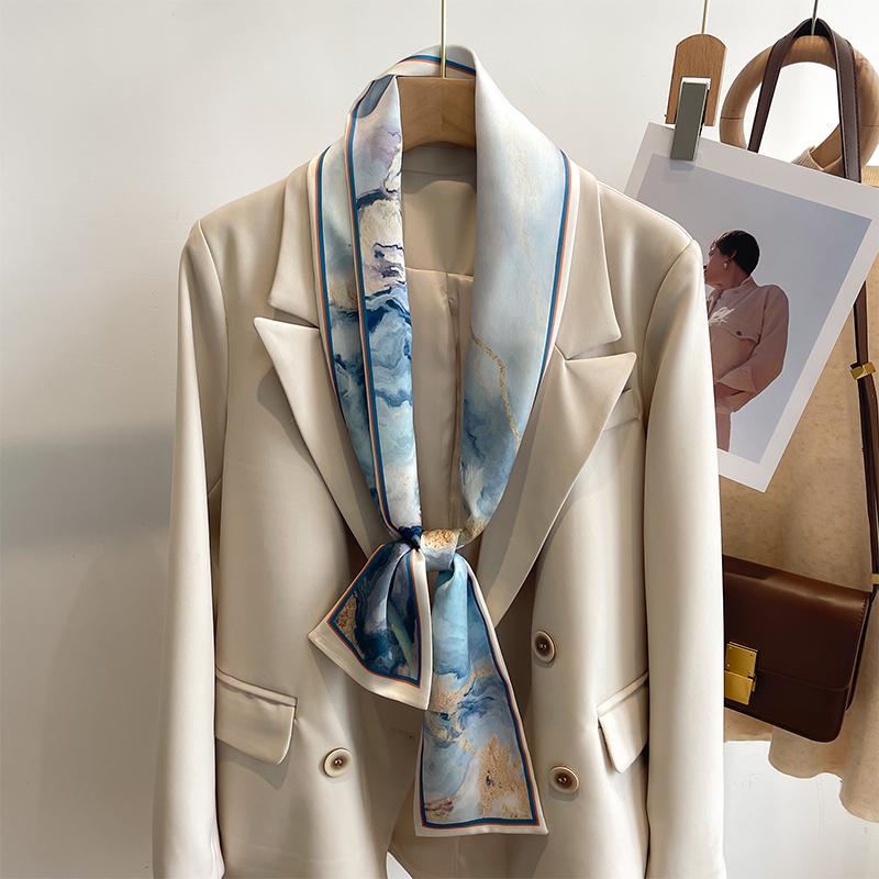 Women Silk Feel Printed Design Scarf Shawl Fashion Luxury Long Narrow Small Silk Scarves Ladies Headband Headscarve Bags Wrap