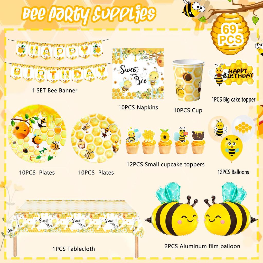 Украшения на день рождения в виде пчелы, 113 шт. праздничных украшений, тарелки для вечеринок в виде пчел, чашки, салфетки, скатерти, баннеры в виде пчелы на день рождения, воздушные шары, украшения для торта и т. д.