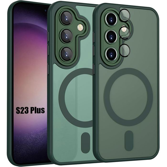 Coque pour Samsung Galaxy S23 Plus, avec Anneau Magnétique et Vitre Caméra - Vert Nuit