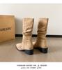Vintage Khaki V-Mouth Western Cowboy Boots Maillard Medium Boots Children's Medium Knight Boots High Heel Pile Boots