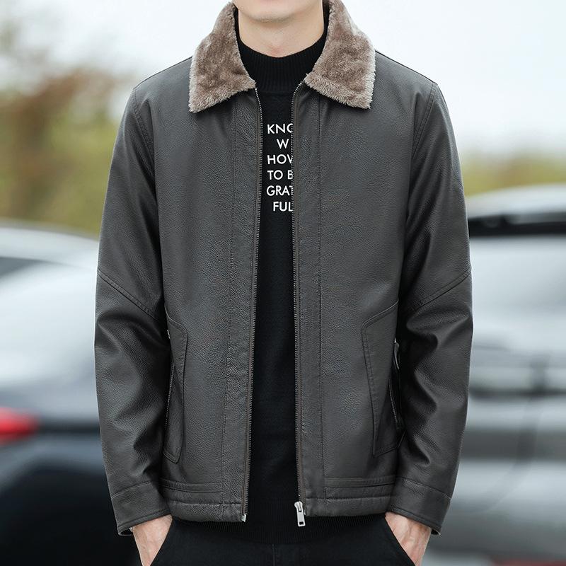 Куртка из бархатной кожи с лацканами, мужская куртка из искусственной кожи с мехом, свободная куртка среднего размера для мотоциклистов, утолщенная теплая мужская куртка