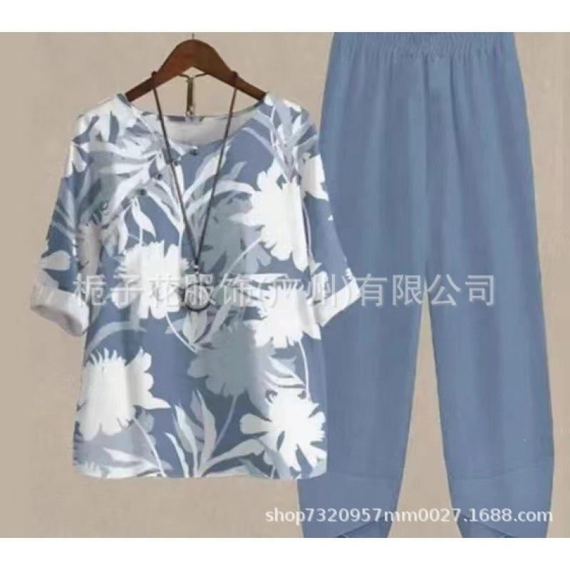 1116 new women's clothing, casual round neck five-quarter sleeve top, digital printing women's two-piece suit