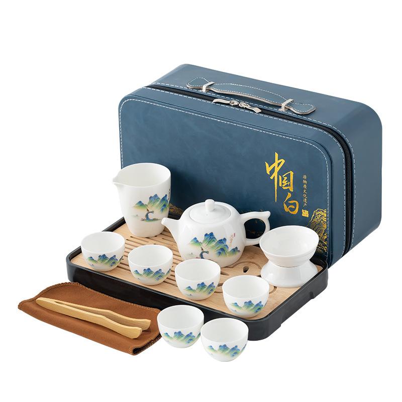 National Style Dehua Suet Jade White Porcelain Tea Set Household Meeting Cup Light Luxury Gift Box Business Festival