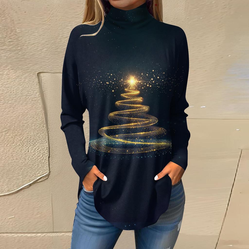 Женская модная повседневная футболка с длинным рукавом с высоким воротом и принтом, пуловер, топ