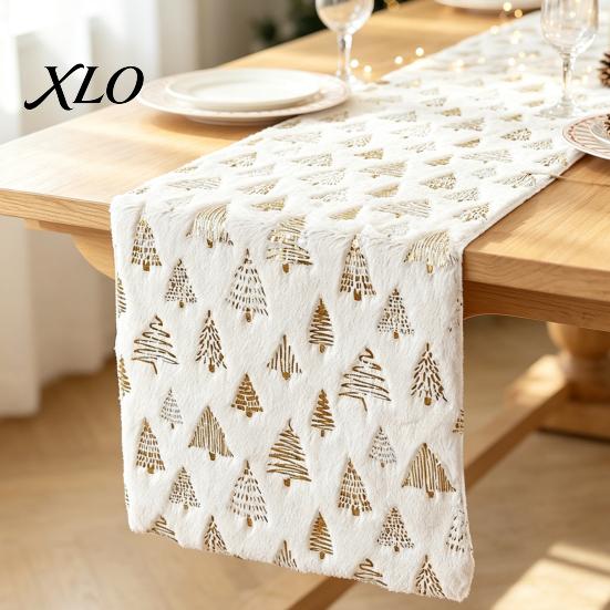 Sideboard Coffee Table Runner Christmas Plush Runner, Foil Stamped Golden Tree Snowflake Festive Centerpiece Decor Fuzzy Holiday Dining Cover for Home