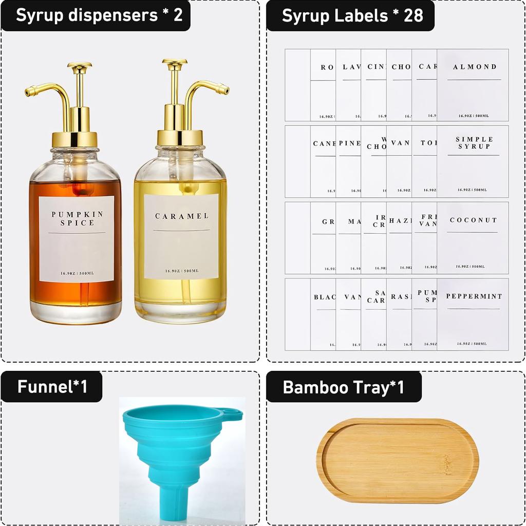 Диспенсер для кофейного сиропа для кофейни, дозатор для кофейного сиропа на 16,9 унций, стеклянная бутылка для сиропа с этикетками и бамбуковым подносом