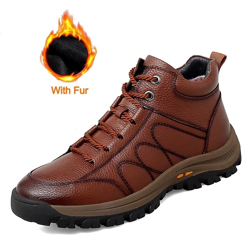 Fashion Italian Genuine Leather Men Casual Shoes Luxury Brand Fashion High Top Sneakers Shoes Winter Warm Men Outdoor Non-Slip Boots
