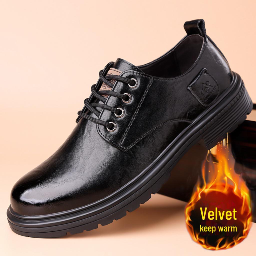 Мужские кожаные рабочие туфли на шнуровке: Толстая подошва, увеличивающая рост, универсальная, нескользящая, повседневная натуральная кожа, плюс хлопок.