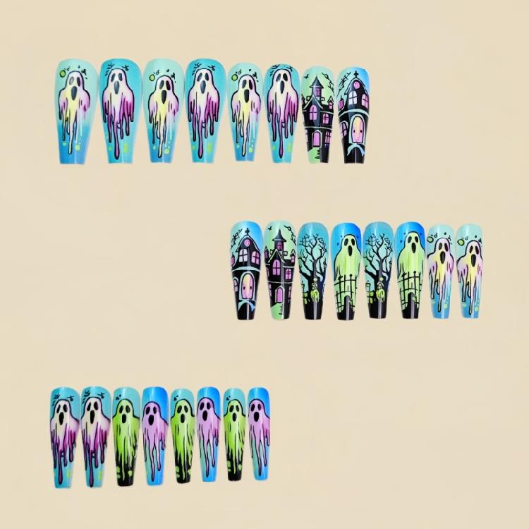 24Pieces Halloween Coffin Fake Nail Blue Bat Pumpkin Design Durability Nail For Women Party Costume Accessories