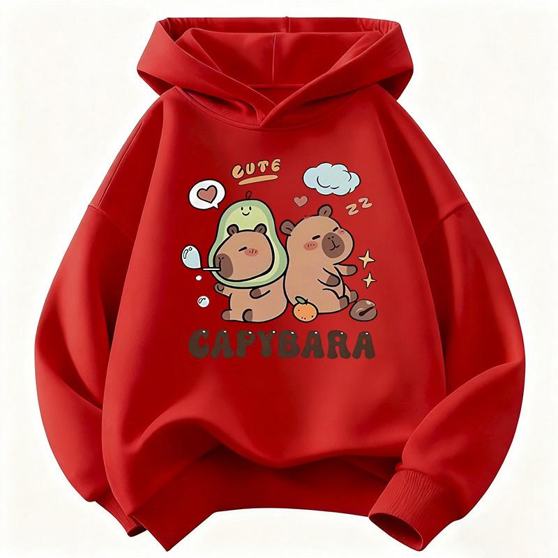 Fashion Children Hoodie, Sweet Cartoon Capybara Friends With Lettering Decor Pattern Pullover Sweatshirt, Fall Winter Casual Sport Long Sleeve Top