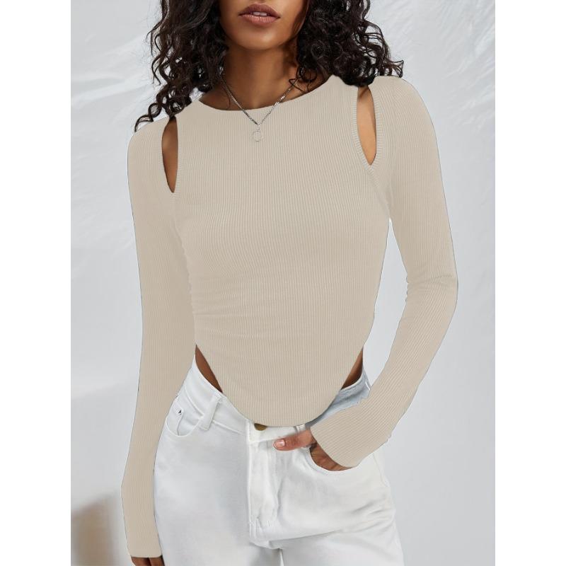 Весна и осень женский полый нерегулярный круглый вырез вязаный сексуальный модный топ с длинными рукавами