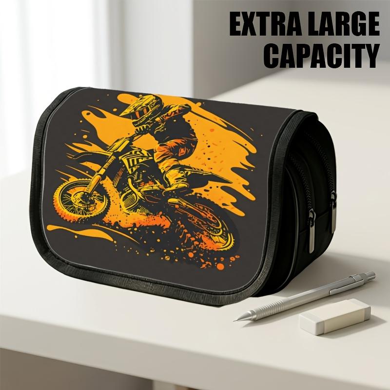 1pc Double Layer Flip Pencil Case, Motocross Illustration, Large Capacity, Portable Polyester Pen Storage Bag with Zipper Closure, Ideal for School &