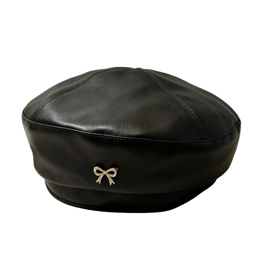 Bow Octagonal Hat British Style Painter Hat Fashion PU Leather Beret Streetwear