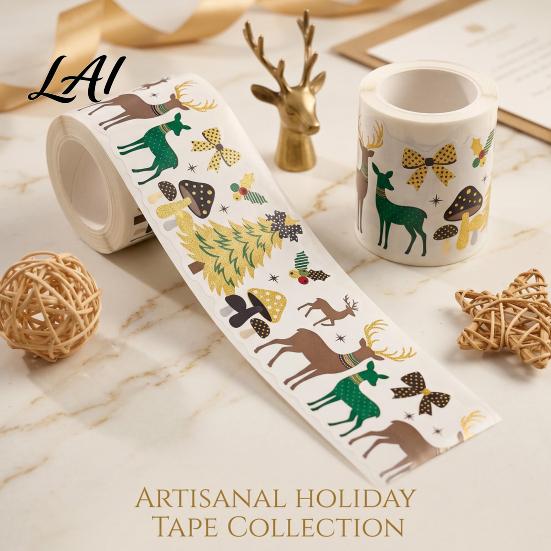 Continuous Roll Seasonal Stickers Christmas Wreath Border Roll Eucalyptus Pine Branches/Elk Handbook Collage Adhesive Strips Illustrations