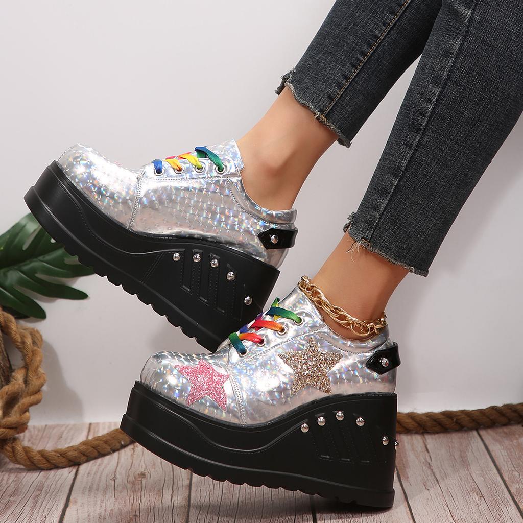 Fashion Silver Patent Leather Chunky Sneakers Women Gothic Thick Bottom Vulcanized Shoes Woman Punk Wedge Heeled Platform Combat Shoes
