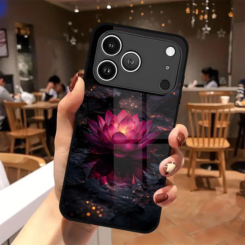 2D чехол для телефона с рисунком ночного лотоса для iPhone 17 16 15 14 13 12 11 X XR XS Max Pro 8 plus - Прозрачная стеклянная защитная крышка