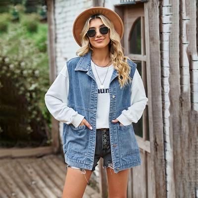 Женская модная джинсовая осенне-зимняя повседневная куртка-поло без рукавов с воротником с лацканами