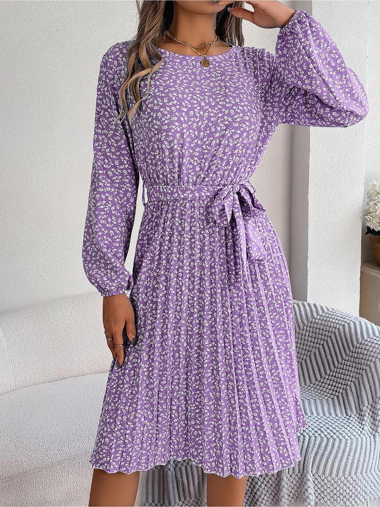 Round Neck Print Flower Dress Waist Hugging Elegant Pleated Dress for Women Long Sleeve Loose Dresses Causal Dress