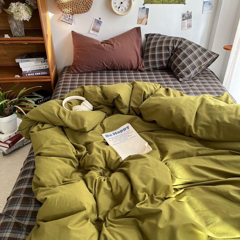 Bedding Set Ins Ambiance Blue Coffee Grid Mixed With Washed Cotton Minimalist Four Piece Set Fitted Sheets Duvet Cover