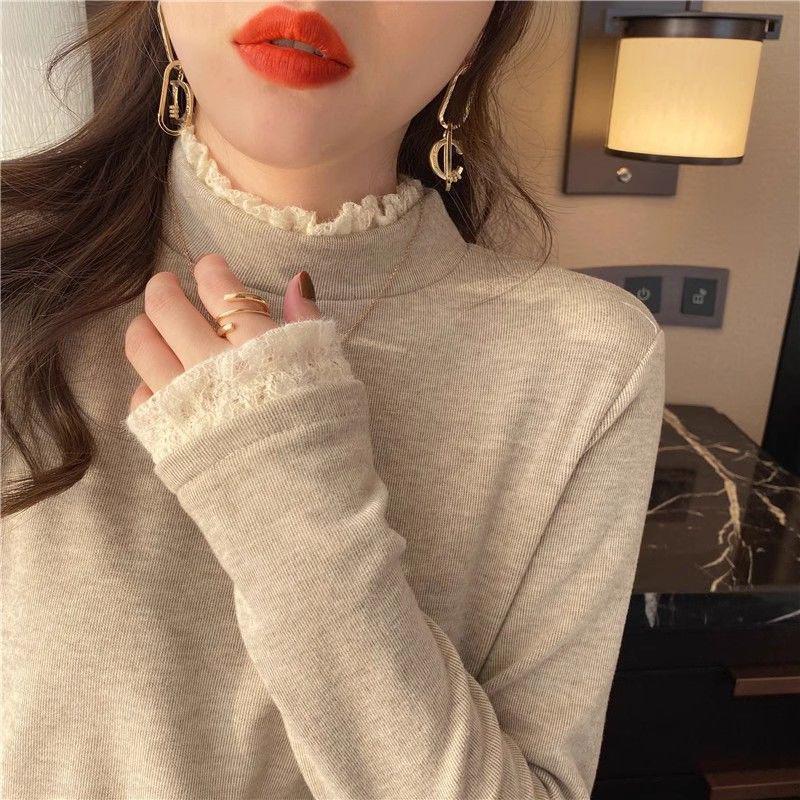 Кружевной бархатный топ с высоким воротником для женщин - Элегантный, теплый и утолщенный для осени/зимы