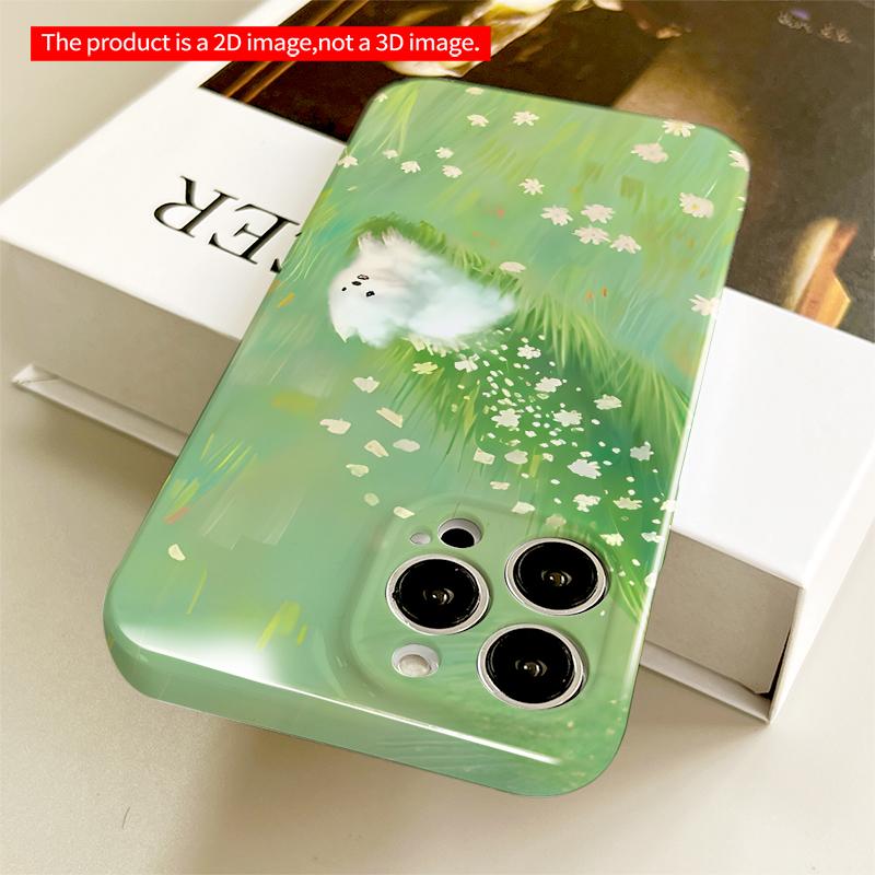 2DFlat White Pup in Dreamy Green Meadow All inclusive film hard iPhone case, compatible with iPhone 18 Pro Max 17 16 15 14 13 12 11