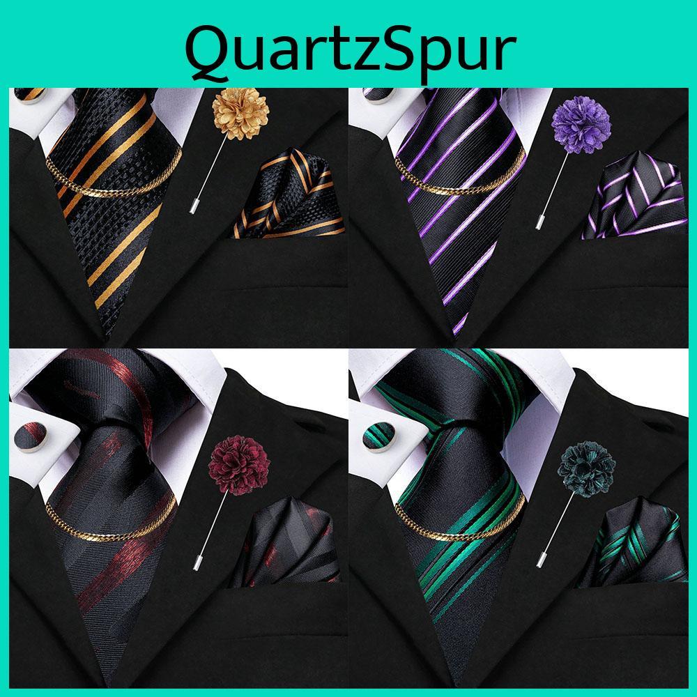Striped Fashion Mens Black Golden Tie Silk Necktie Cufflinks Handkerchief Cufflinks Tie Chain Brooch For Wedding Business