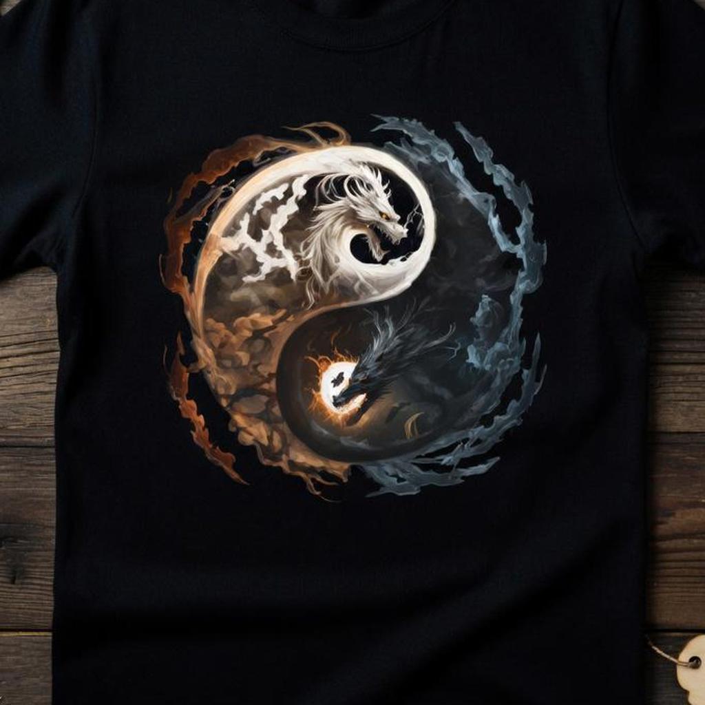 Yin Yang Dragon T Shirt, Fire Water Balance Graphic Tee, Dark Fantasy Mythical Unisex Top, Chinese Symbol Duality Dragon Tshirt