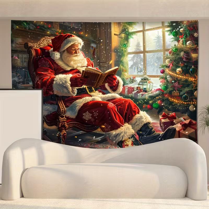 2D Christmas Eve Santa Claus Tapestry, Warm Winter Holiday Wall Hanging for Home Decor