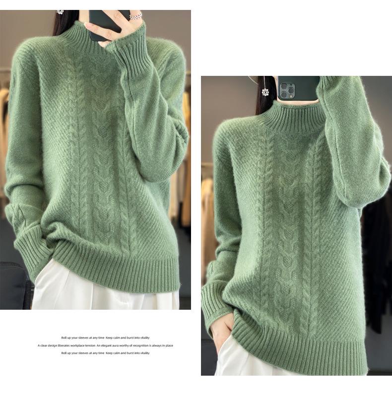 Chunky Knit Cable Wool Sweater - Half-High Neck, Textured, Elegant Autumn/Winter Outerwear