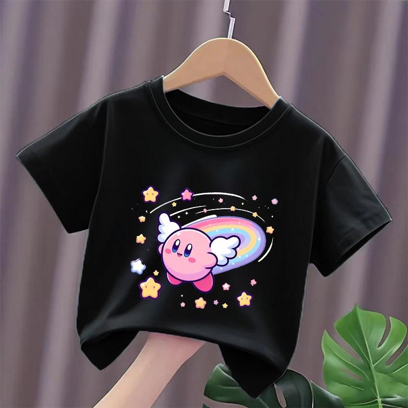 Kirbys Shirt Summer O-neck Round T-shirt Baby Cotton Short-Sleeve Tops Girl Solid Color Kid Printed Anime White Tshirt Cute Tees