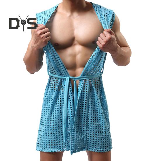 Men Sexy Hooded Nightgown Sleeveless Solid Color Hollow Out Mesh Summer Loungewear Lace-up Night Robe Homewear