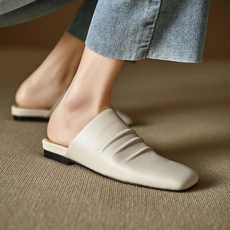 Мода 2025 Новые Сандалии Женские Натуральная Кожа Квадратный Носок Слипоны Балетки Летние Шлепанцы Мягкие Удобные Повседневные Женские Уличные Мюли