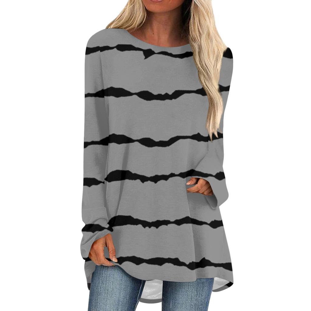 Женская осенне-зимняя повседневная длинная свободная футболка с длинными рукавами и круглым вырезом