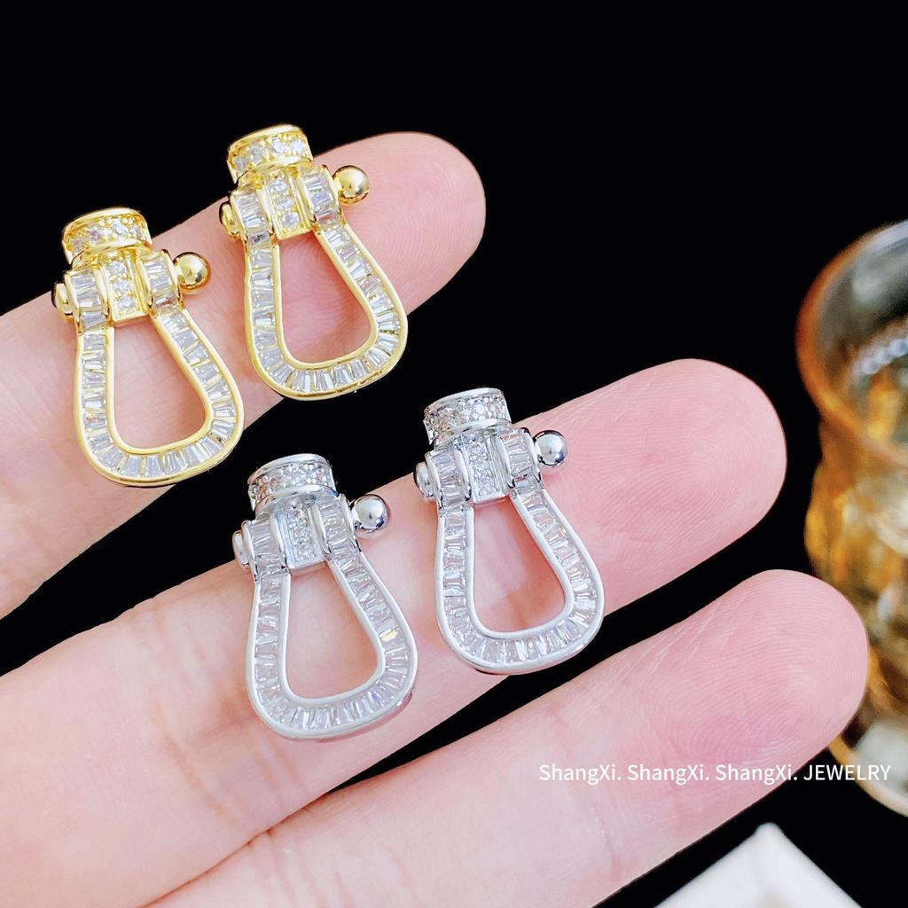 Luxury Zircon Horseshoe Buckle Earrings for Women, s925 Silver, Fashionable & Versatile for Elegant Style
