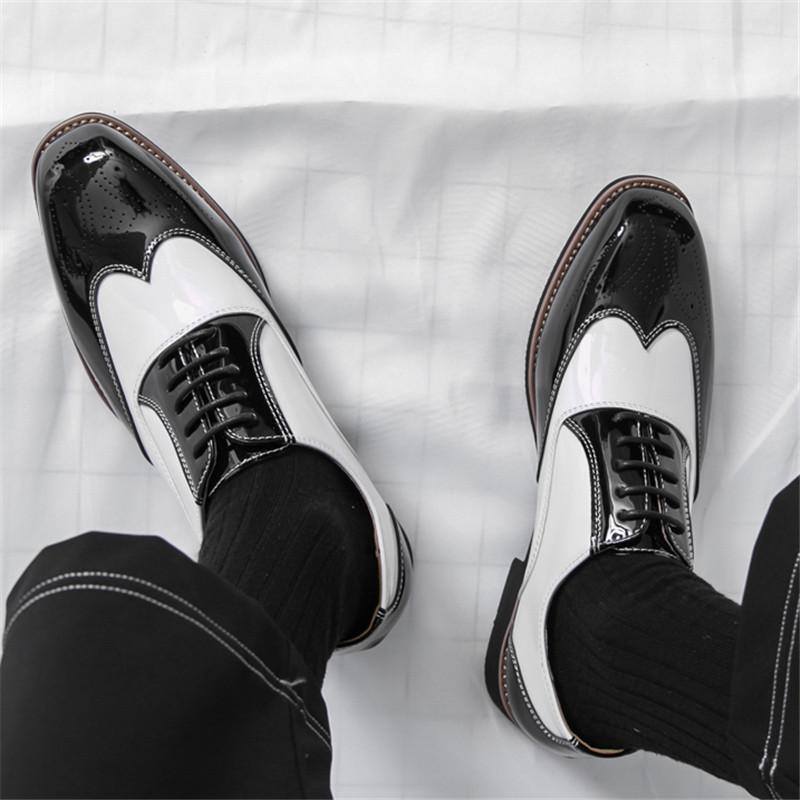Новые дизайнерские мужские остроносые глянцевые черно-белые лоскутные броги Оксфорды обувь джентльмена свадебные для выпускного вечера балетки обувь