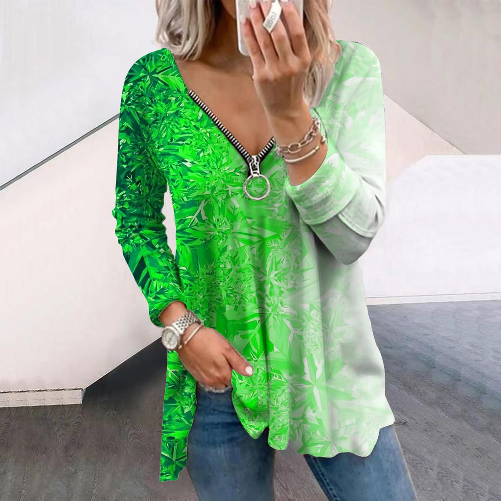 Women Autumn Gradient Glitter Printed Long Sleeve T-Shirts Loose V-Neck Plus Size Tee Shirt Tops Comfy Blouse