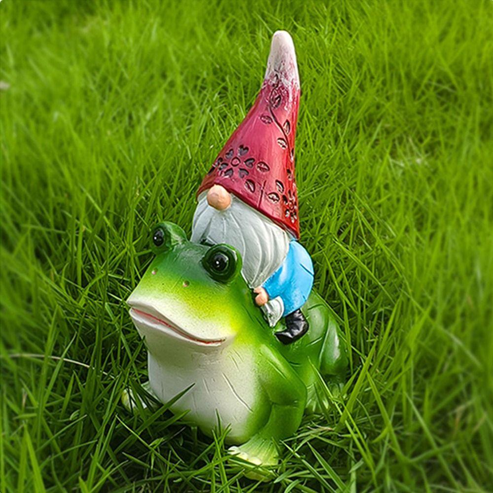 Cartoon Garden Gnomes Figurine Funny Dwarf Sculpture Creative Gnome Riding Frog Statue  Home
