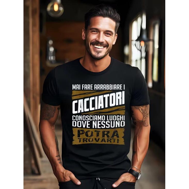 Funny Men'S Hunting Shirt with Print, Italian Text, 100%, Comfortable Cut, Short Sleeves, Black Casual Shirt for Outdoor Enthusiasts And Gifts,