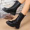 Fashion British Style Black Mid Calf Boots for Women Pu Leather Thick Heels Motorcycle Botas Mujer Autumn Winter Lace Up Boots Woman