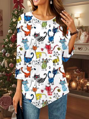 Женская свободная футболка с круглым вырезом и рукавом три четверти с 3D мультяшным кошачьим принтом