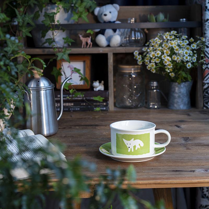 Medieval Style Wide Mouth Ceramic Coffee Cup Saucer Retro Fox Creative Fruit Afternoon Tea Teacup High Value Latte Cup