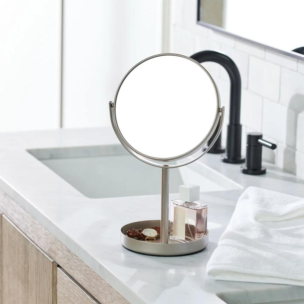 Двустороннее косметическое зеркало Металлическое отделка сатиновый никель Увеличительное Поворот на 360 градусов Настольное зеркало для макияжа Современный дизайн Прочное