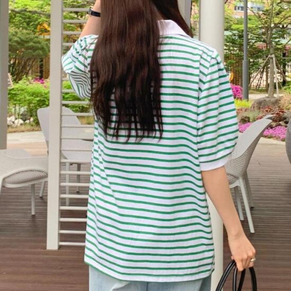 New Arrivals Open Run ReThea Collar Neck STriped ShorT Sleeve T shirT