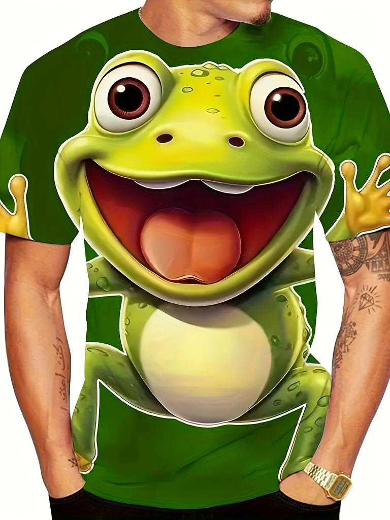 Футболка мужская с рисунком лягушки 3D - футболка с круглым вырезом и забавным мультяшным дизайном, яркие желтые и зеленые цвета, легкий полиэстер