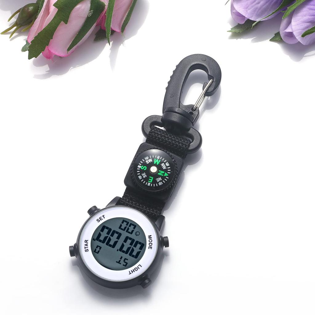 Clip Clock Digital Keychain Carabiner Watch Day of the Week Calendar Alarm Clock Compass LED Pocket Watch Nurse Watch 3ATM Waterproof Outdoor Fashion
