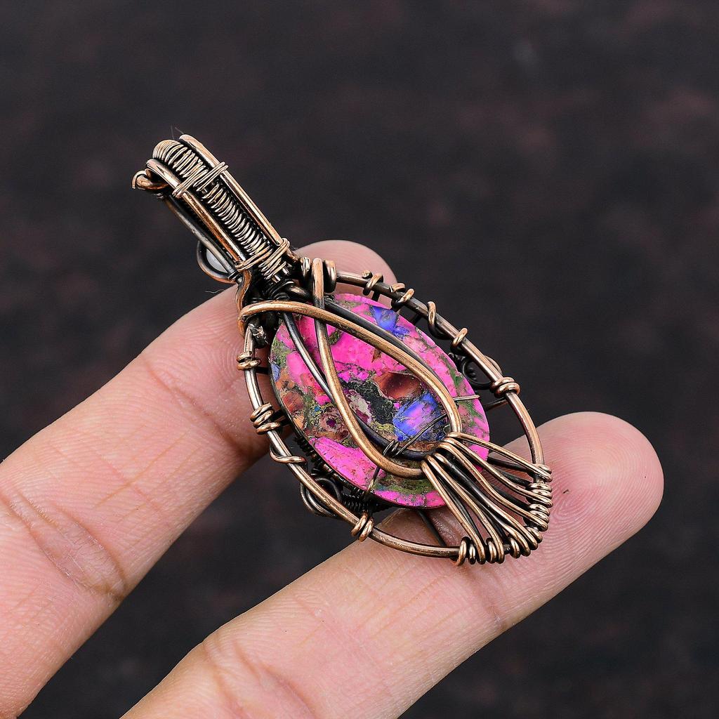 Натуральный Кингман Розовый Георгин Бирюзовый Кулон Кулон, обернутый медной проволокой Кулон Глаз Дьявола Кулон из драгоценного камня ручной работы Проволочные украшения из лунного камня